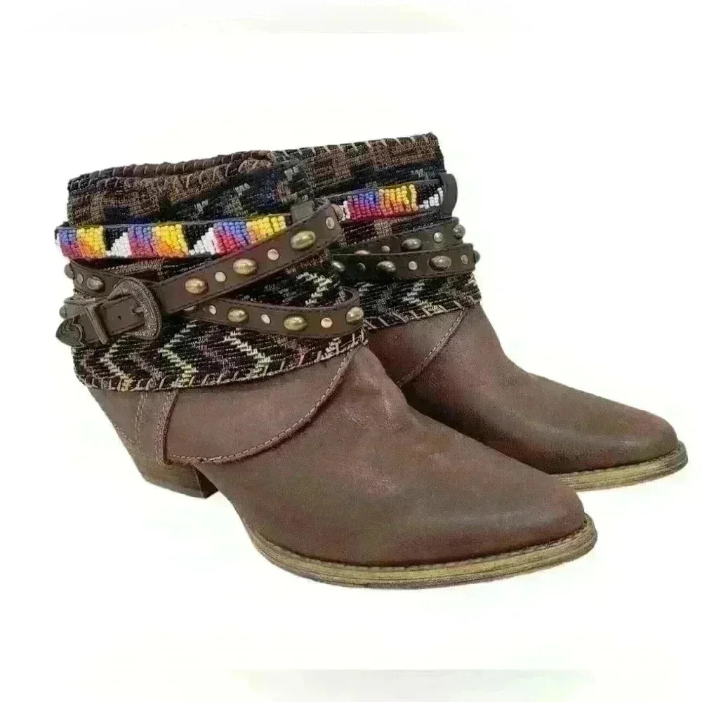 Sbicca Vintage Collection Cleodora Brown  Leather Bootie  Shoes Sz 8.5